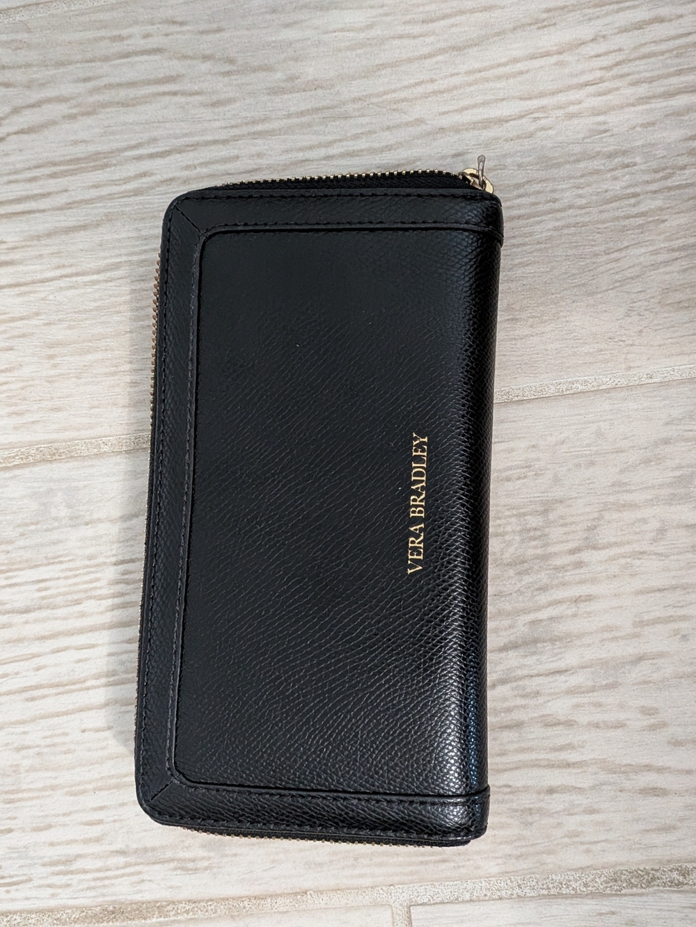 Vera Bradley Black Zip Around Leather Wallet with Gold Logo - Picture 1 of 4